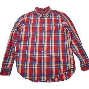 Ralph Lauren Boys Long Sleeve Button Down Shirt Red Blue‎ Plaid Size Large 14/16